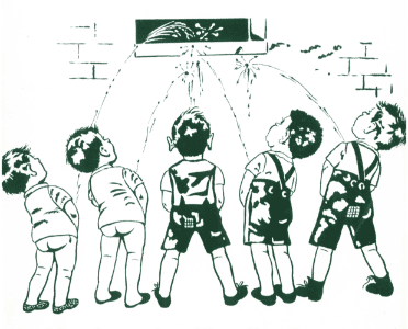 5 children peeing through a small window